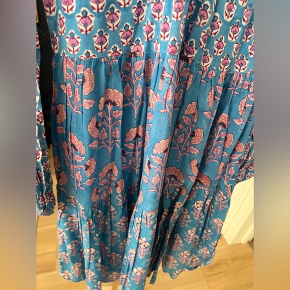 Oliphant Balloon Sleeve Flirty Short Mini Dress Blue Block Print Tuckernuck Exc - Picture 8 of 9